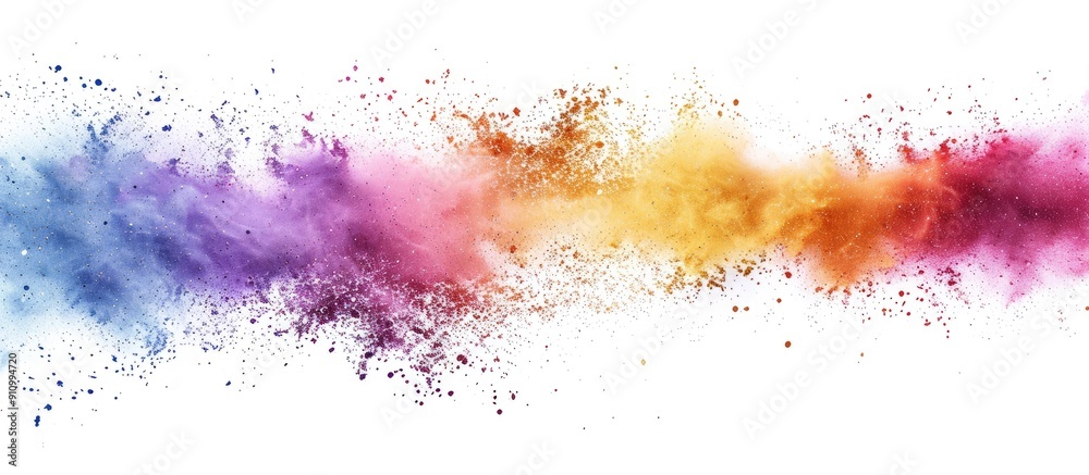 Colorful powder splattered on a white backdrop captures a frozen moment in a lively image with a multicolored glittery texture ideal for use as a copy space image Colorful powder splattered on a white backdrop captures a frozen moment in a lively image with a multicolored glittery texture ideal for use as a copy space image