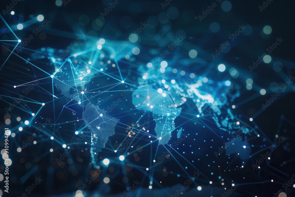 abstract visualization of global data network glowing nodes and connections form world map dark background with blue and white color scheme abstract visualization of global data network glowing nodes and connections form world map dark background with blue and white color scheme