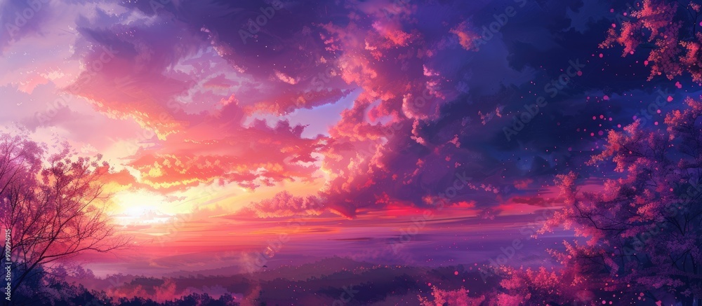 Oil painting of a magical and colorful landscape at sunset with a mesmerizing purple sky and clouds perfect for use as a background or wallpaper with copy space image Oil painting of a magical and colorful landscape at sunset with a mesmerizing purple sky and clouds perfect for use as a background or wallpaper with copy space image