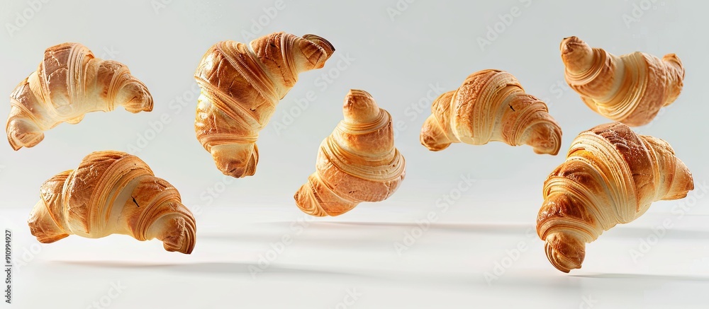 French pastry croissants floating in the air on a white background in a captivating copy space image French pastry croissants floating in the air on a white background in a captivating copy space image