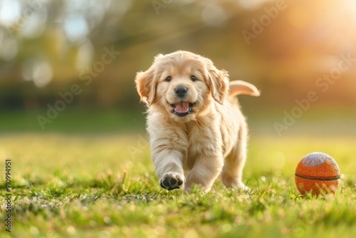 A playful golden retriever puppy chases a ball in a sunny meadow.