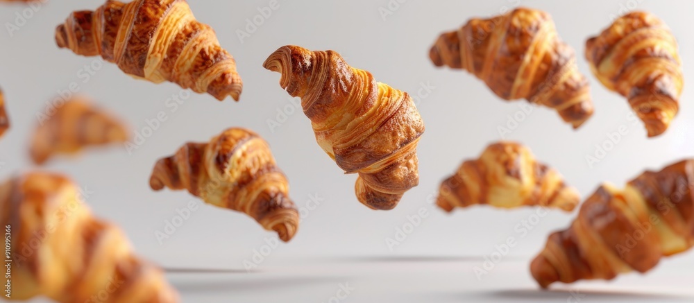 French pastry croissants floating in the air on a white background in a captivating copy space image French pastry croissants floating in the air on a white background in a captivating copy space image