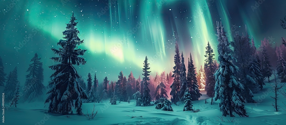 A stunning display of the northern lights illuminating a snowy forest with spruce trees captured in a captivating copy space image A stunning display of the northern lights illuminating a snowy forest with spruce trees captured in a captivating copy space image