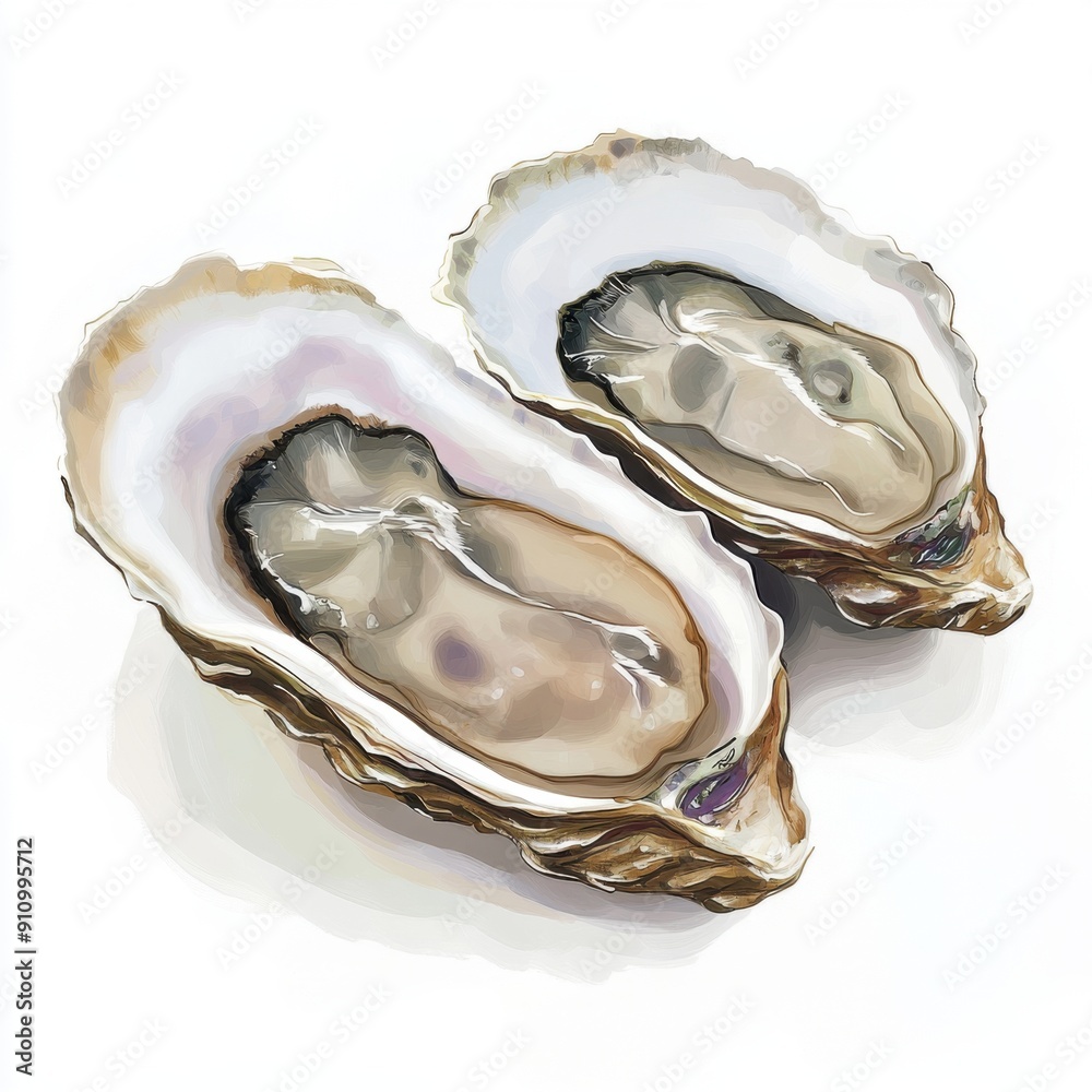 Exquisite Raw Oysters on Half Shell in Digital Painting Style with Natural Tones on White Background Exquisite Raw Oysters on Half Shell in Digital Painting Style with Natural Tones on White Background