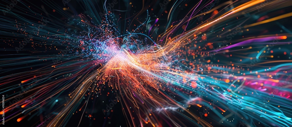 Fototapeta premium Colorful firework light trails explode in a dark night sky setting with copy space image