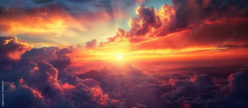 Fototapeta premium Dusk scenery with vibrant sunset colors in the sky including shades of orange yellow pink and red along with dramatic storm clouds creating a stunning landscape horizon with a copy space image