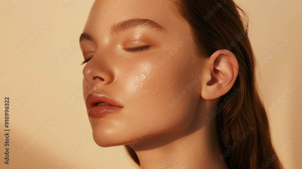 A close-up of a woman’s face with flawless skin, absorbed in golden light, highlighting her graceful features.