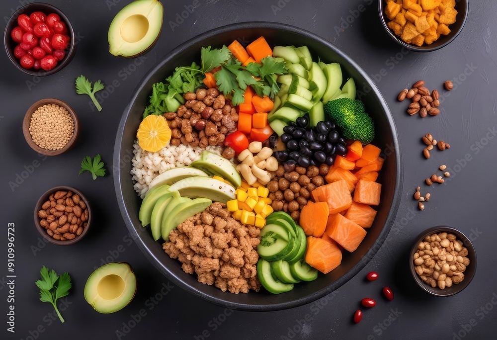 Healthy food. Assortment of the Buddha Bowl on a black background. Top view. Free space for your text, ai Healthy food. Assortment of the Buddha Bowl on a black background. Top view. Free space for your text, ai