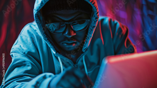 A hooded individual wearing glasses sits in front of a laptop, bathed in vibrant, colorful lighting, creating a mysterious and tech-focused atmosphere.