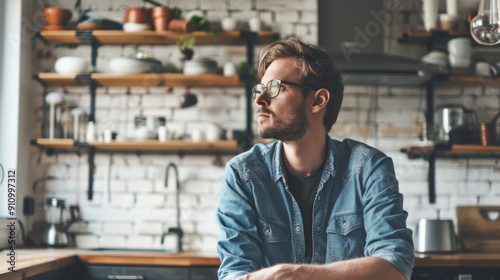 A contemplative man in glasses sits in a stylish kitchen, looking out thoughtfully, reflecting on his surroundings amid a modern and neatly arranged setting.