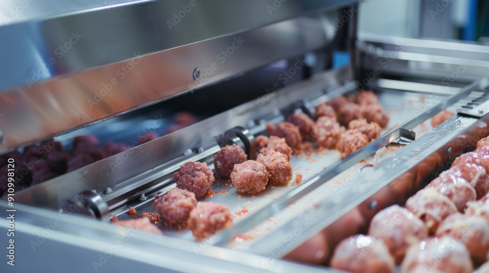 Flow Process Meatball Ground meat balls being processed in a modern food factory ...