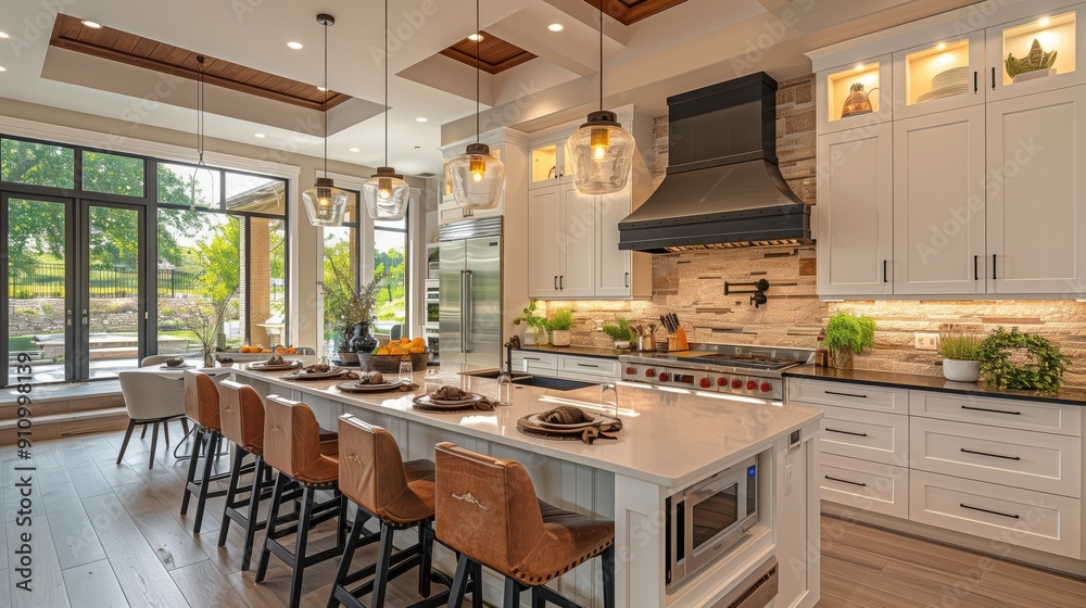 Luxurious modern kitchen with large island. Spacious and luxurious modern kitchen featuring a large island, elegant pendant lighting, and high-end stainless steel appliances.
