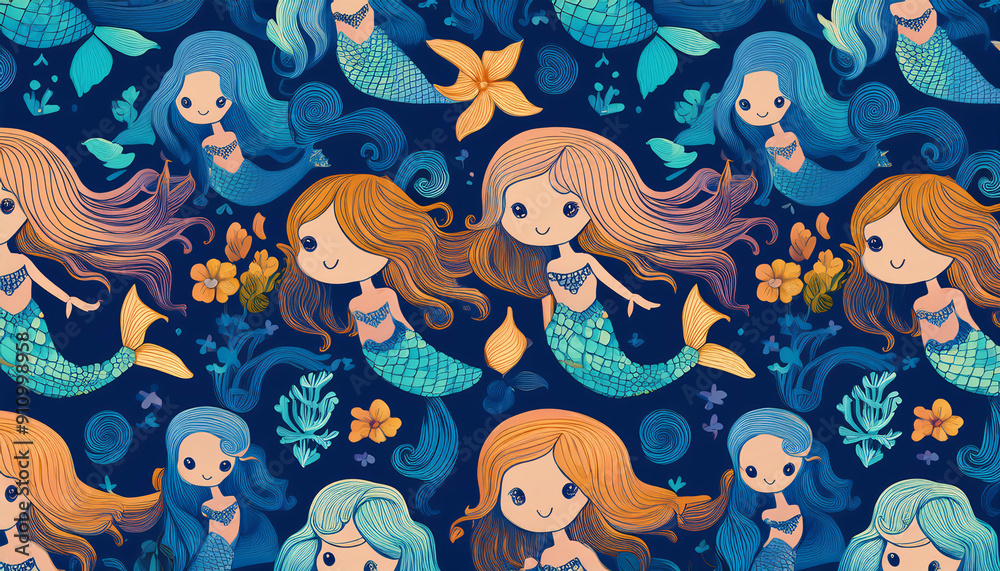 nautical pattern with stylized little mermaids nautical pattern with stylized little mermaids