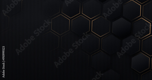 Luxury hexagonal abstract black metal background with golden light lines. Dark 3d geometric texture illustration. Bright grid pattern. Pure black horizontal banner wallpaper. Carbon elegant wedding BG