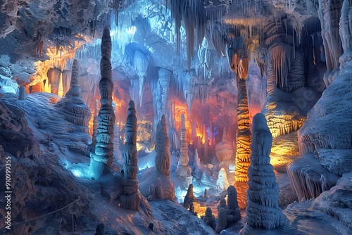 A crystalline cave with shimmering, multicolored stalactites and stalagmites, glowing softly in the ambient light. Cool, magical, subterranean wonderland, sparkling and serene photo