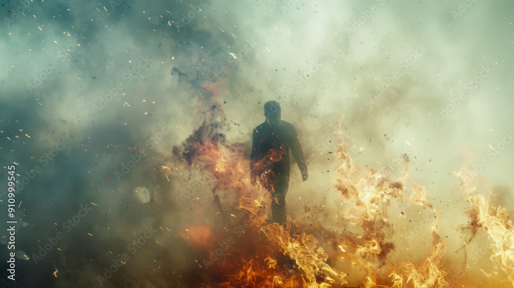 A silhouette emerges through dense smoke and raging flames, capturing a dramatic moment of resilience amidst chaos. A silhouette emerges through dense smoke and raging flames, capturing a dramatic moment of resilience amidst chaos.