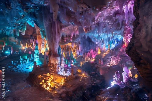 A crystalline cave with shimmering, multicolored stalactites and stalagmites, glowing softly in the ambient light. Cool, magical, subterranean wonderland, sparkling and serene photo