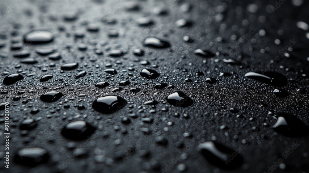 Macro shot of water droplets on a black surface, showcasing their texture and reflection. Macro shot of water droplets on a black surface, showcasing their texture and reflection.