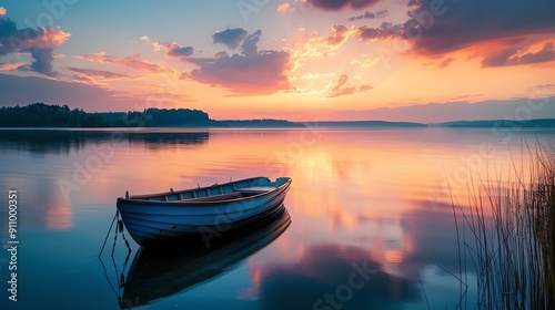 A small boat is anchored in a still lake at sunset.