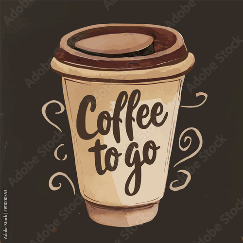 Stylized to-go coffee cup with calligraphy on dark background.