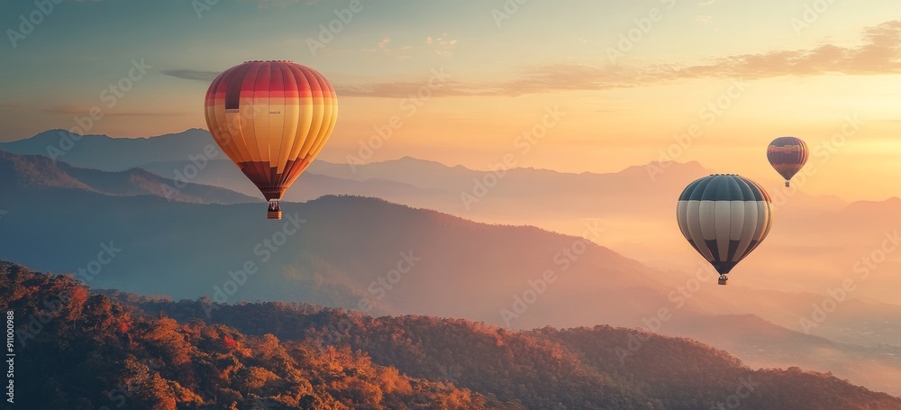 Fototapeta premium Colorful hot air balloons flying over the mountain at sunrise