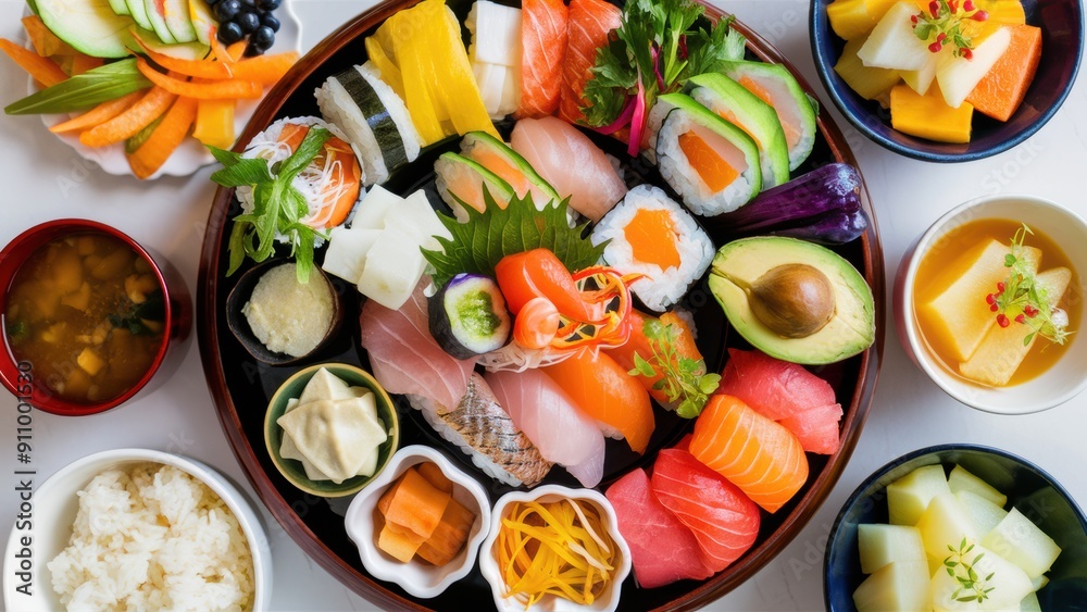 A plate of sushi and other foods are arranged on a table, AI A plate of sushi and other foods are arranged on a table, AI