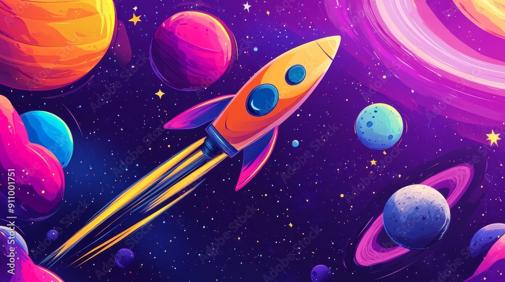 Naklejka premium illustration of cartoon rocket flying among colorful planets and stars in space