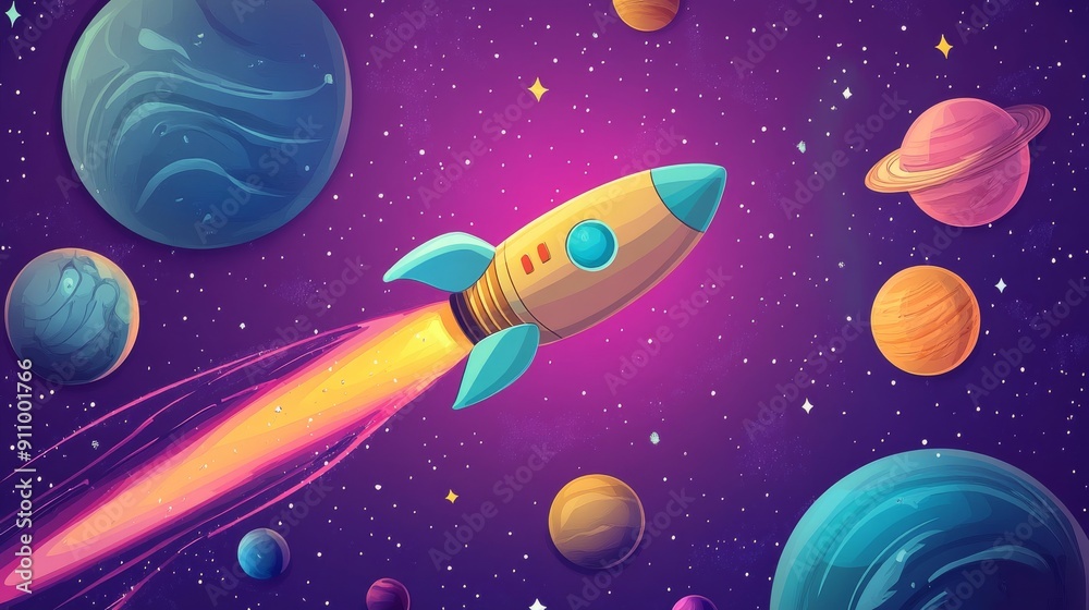 Naklejka premium illustration of cartoon rocket flying among colorful planets and stars in space