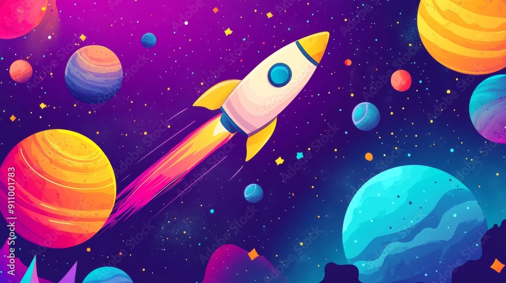 Fototapeta premium illustration of cartoon rocket flying among colorful planets and stars in space