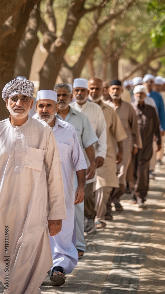 Men stroll peacefully along a shaded pathway surrounded by trees in broad daylight
