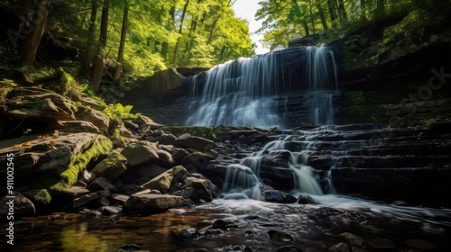 Low angle perspective captures majestic waterfall