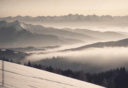 The ski slope on top of the Alps. View of the valley inversions and fog at sunset, ai photo