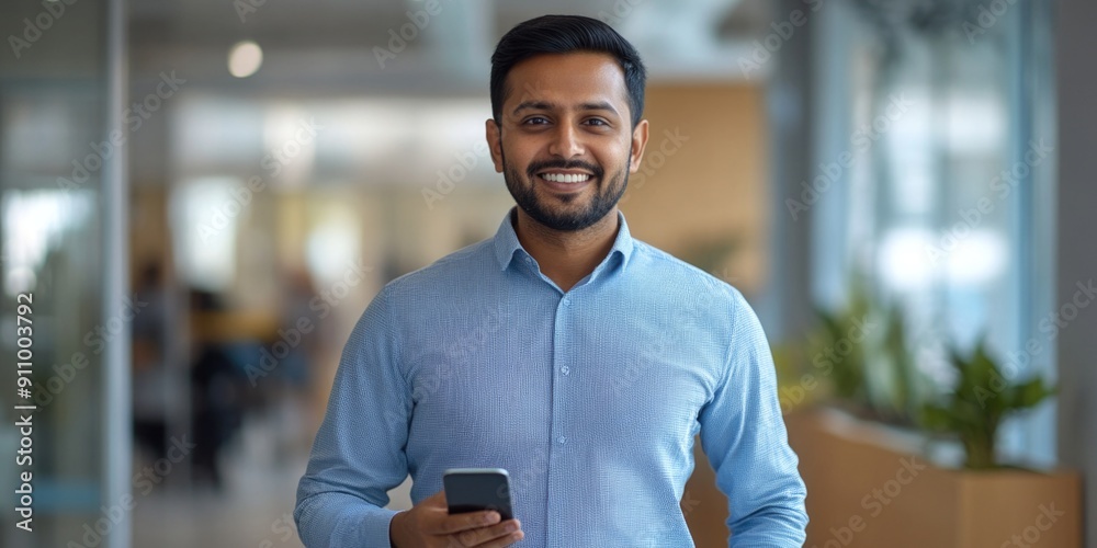 A person holding a cell phone in a blue shirt, potential use for tech-related themes or modern lifestyles A person holding a cell phone in a blue shirt, potential use for tech-related themes or modern lifestyles
