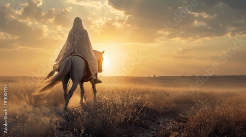 A figure clad in white rides a majestic horse across a golden field as the sun sets on the horizon photo