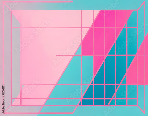 Retro style abstract design with straight line grid patterns with blocks of pink and turquoise slanting shapes