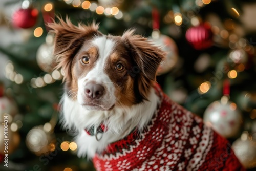 adorable dog wearing a festive handknitted christmas sweater sitting by a decorated tree twinkling lights and ornaments create a warm cozy holiday atmosphere around the charming canine model photo