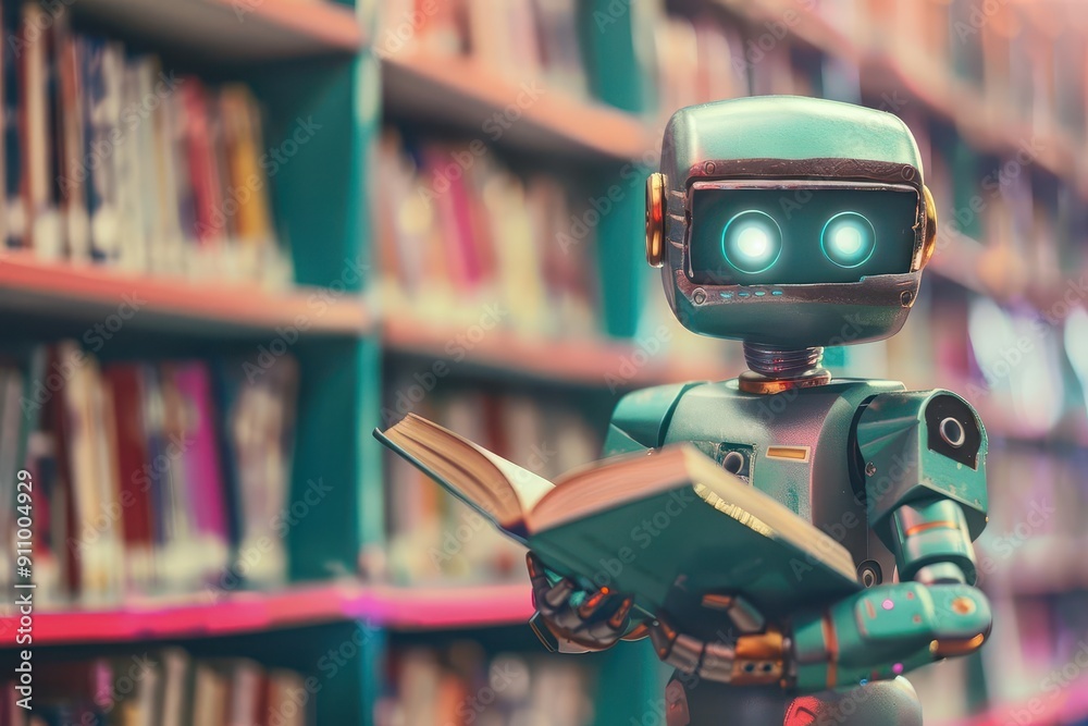 adorable robot child engrossed in reading a book in whimsical colorful library retrofuturistic style blends mechanical elements with childlike wonder symbolizing ai learning and education adorable robot child engrossed in reading a book in whimsical colorful library retrofuturistic style blends mechanical elements with childlike wonder symbolizing ai learning and education