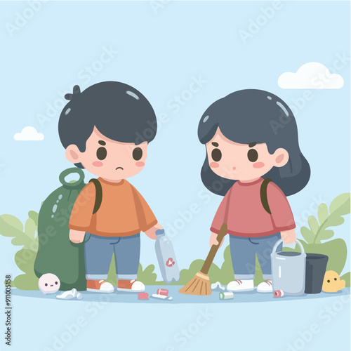 people cleaning nature by collecting garbage into trash bags. Family working together and picking plastic litter. Colored flat vector illustration isolated on white background