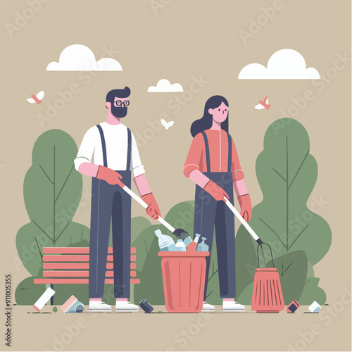 people cleaning nature by collecting garbage into trash bags. Family working together and picking plastic litter. Colored flat vector illustration isolated on white background