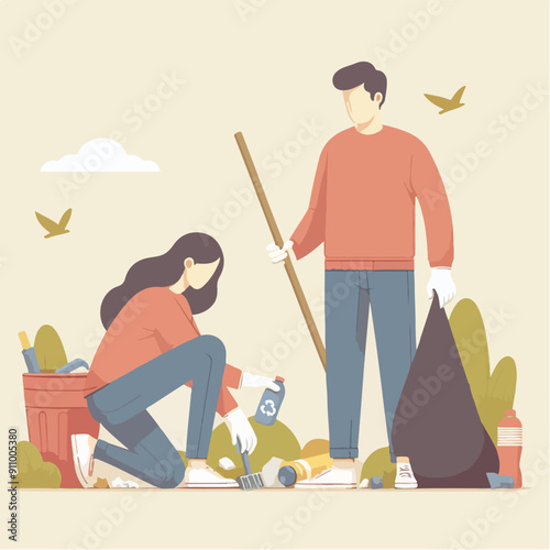 people cleaning nature by collecting garbage into trash bags. Family working together and picking plastic litter. Colored flat vector illustration isolated on white background
