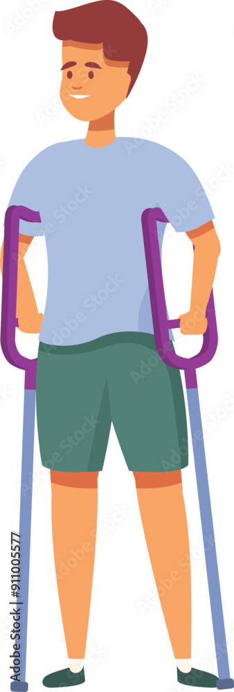 Male character is standing and smiling while using crutches for support Male character is standing and smiling while using crutches for support