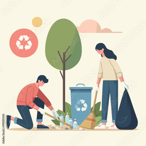 people cleaning nature by collecting garbage into trash bags. Family working together and picking plastic litter. Colored flat vector illustration isolated on white background