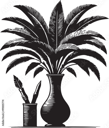 tropical plant in vase black color only silhouette vector art