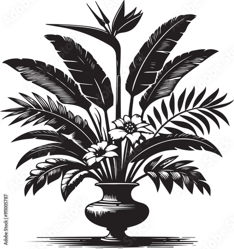  tropical tree in vase black silhouette vector art