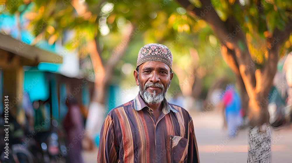 Fototapeta premium South Indian Muslim Man in Traditional Cap, 65 Years Old, Full Body Portrait