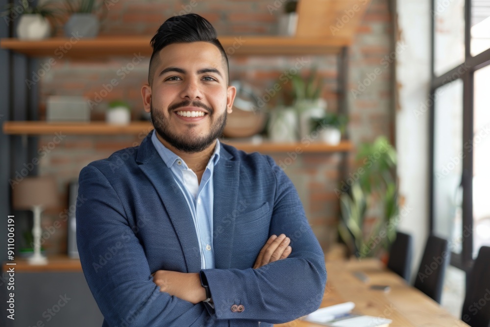 Fototapeta premium Confident Young Latino Businessman in Office Setting, Smiling Professional Leader