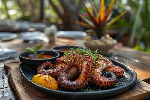 Exquisite Grilled Octopus Served on a Elegant Plate with Freshly Squeezed Lemon and Fragrant Herbs photo