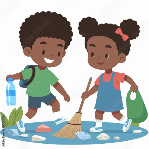 people cleaning nature by collecting garbage into trash bags. Family working together and picking plastic litter. Colored flat vector illustration isolated on white background