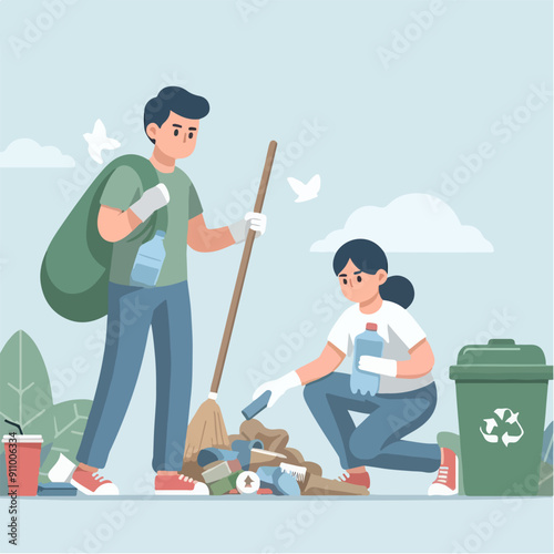 people cleaning nature by collecting garbage into trash bags. Family working together and picking plastic litter. Colored flat vector illustration isolated on white background