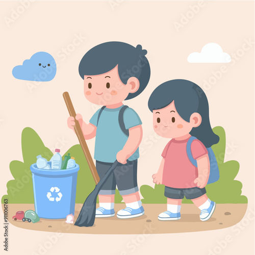 people cleaning nature by collecting garbage into trash bags. Family working together and picking plastic litter. Colored flat vector illustration isolated on white background